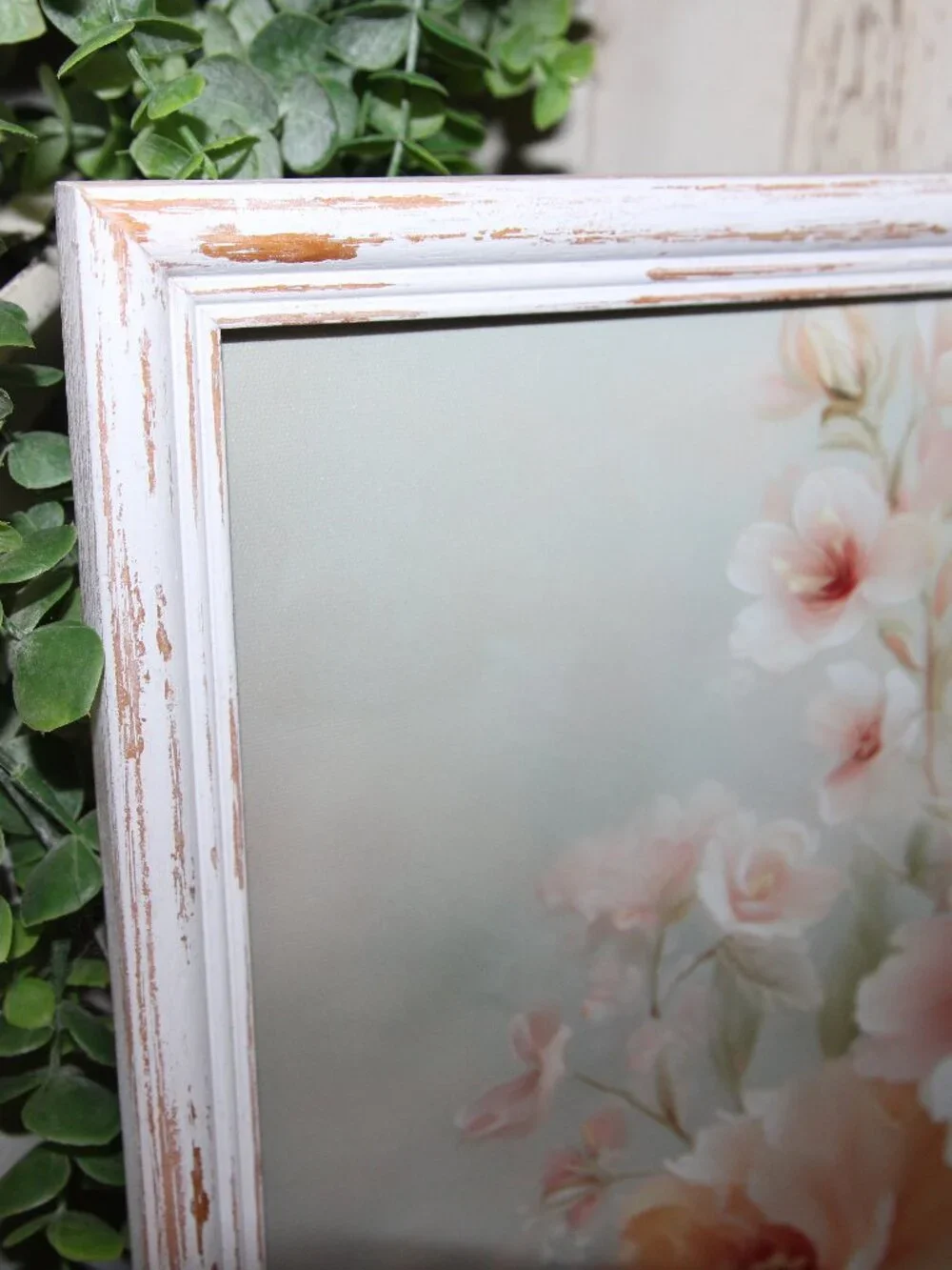 Gorgeous Shabby Chic French Floral Wall Decor Picture in Distressed White Frame
